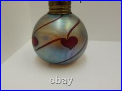 VTG Lundberg Studios Art Glass Miniature Oil Lamp Heart Vine Iridescent Aurene