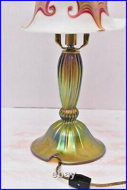 VTG Lundberg Studios Art Glass Table Lamp Lamp Iridescent Pulled Feather Signed