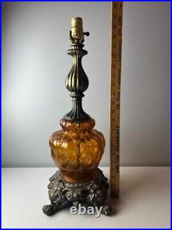 VTG Mid Amber Glass Globe & Solid Brass Hollywood Regency Table Lamp FREE S&H
