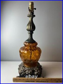 VTG Mid Amber Glass Globe & Solid Brass Hollywood Regency Table Lamp FREE S&H
