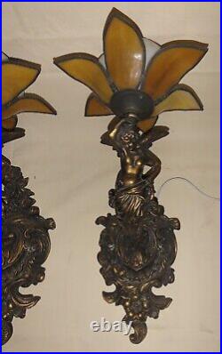 VTG Set Pair wall lamp L&L Art Deco/Nouveau Nude Lady w Wings glass tulip shade