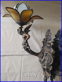 VTG Set Pair wall lamp L&L Art Deco/Nouveau Nude Lady w Wings glass tulip shade