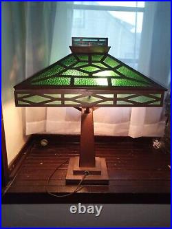 VTG stained glass lamp ART DECO slag antique lighting furniture BRONZE COPPER