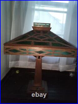 VTG stained glass lamp ART DECO slag antique lighting furniture BRONZE COPPER
