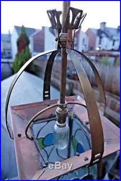 Very Beautiful Large Art Nouveau Copper & Stained Glass Hall Lamp Lantern Rare