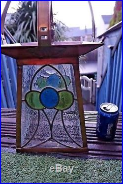 Very Beautiful Large Art Nouveau Copper & Stained Glass Hall Lamp Lantern Rare