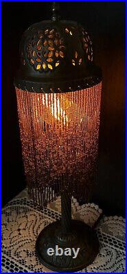 Victorian Art Nouveau Beaded Fringe Lamp with Long Hand-Beaded Fringed Shade