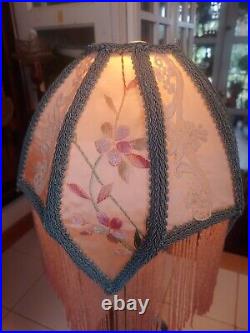 Victorian Style Table Lamp Hand Made Tasseled Shade Iridescent Handblown Base
