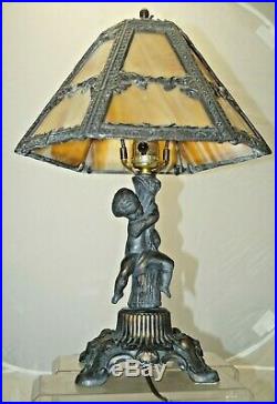 Vintage 1950s Era Bronze Figural Slag Glass Art Deco Electric Table Lamp