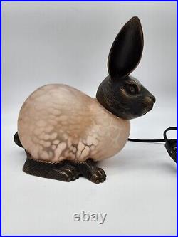 Vintage 1996 Brass and Pinkish Art Glass Rabbit Tin Chi Lamp Andrea by Sadek