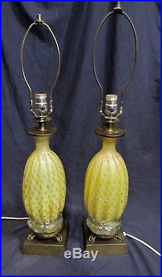 Vintage 50's Murano Barovier & Toso Pair Of Art Glass Lamps Yellow And Silver