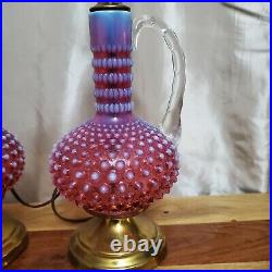 Vintage 50s Fenton Cranberry Opalescent Hobnail 1-Handle Vase/Carafe Lamps 23