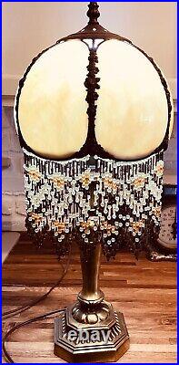 Vintage 6 panel Slag Stain glass Lamp with beads hanging from bottom of shade