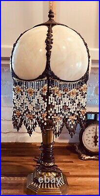 Vintage 6 panel Slag Stain glass Lamp with beads hanging from bottom of shade