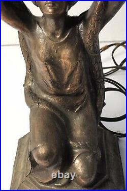 Vintage ART DECO Bronzed Spelter Figural Girl Dancer Lamp Glass Globe 15-1/2