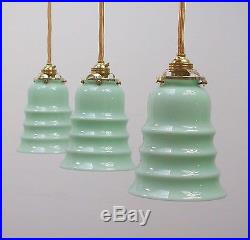 Vintage ART DECO French PALE GREEN Opal Glass and BRASS PENDANT 1930s