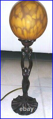Vintage ART DECO LADY HOLDING Amber Glass BALL Table LAMP Nouveau Metal 16
