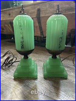 Vintage Antique 1920s 30s Art Deco Houze X Pair Jadeite Lamps Table Boudoir