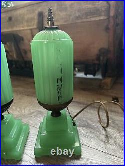 Vintage Antique 1920s 30s Art Deco Houze X Pair Jadeite Lamps Table Boudoir