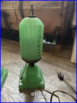 Vintage Antique 1920s 30s Art Deco Houze X Pair Jadeite Lamps Table Boudoir