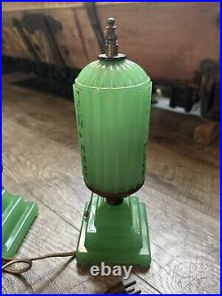 Vintage Antique 1920s 30s Art Deco Houze X Pair Jadeite Lamps Table Boudoir