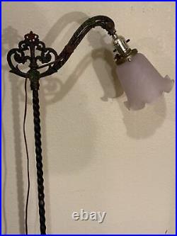 Vintage Antique Cast Iron Bridge Floor Lamp with Pink White Glass Shade