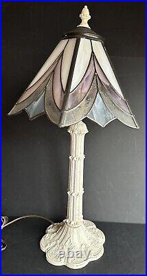 Vintage Art & Crafts Stained Art Glass Enameled Cast Iron Lamp 25 US made