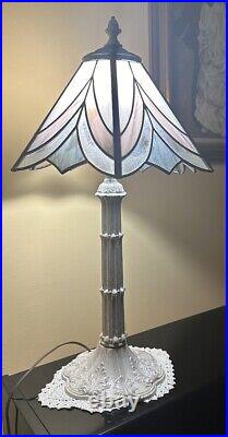 Vintage Art & Crafts Stained Art Glass Enameled Cast Iron Lamp 25 US made