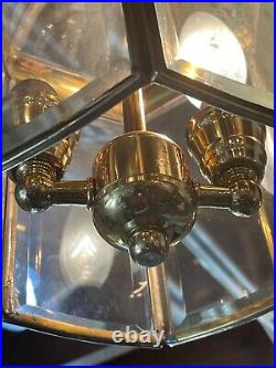 Vintage Art Deco Brass & Glass Hall Lantern Pendant Foyer Hanging Light Lamp