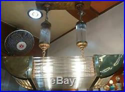 Vintage Art Deco Brass & Glass Rod Ceiling Fixture 6 Light Ship Chandelier Lamp