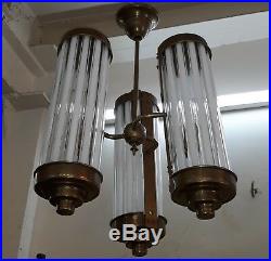 Vintage Art Deco Brass & Milk Glass Rod Ceiling Fixture Chandelier Light Lamp