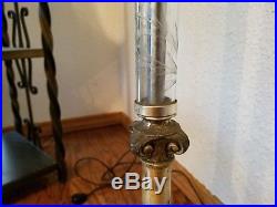 Vintage Art Deco Brass Torchiere Floor Lamp with Etched Crystal Glass Column 1940s