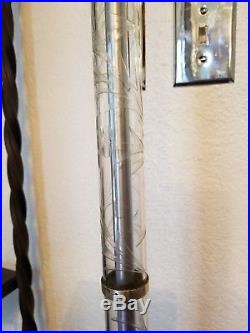 Vintage Art Deco Brass Torchiere Floor Lamp with Etched Crystal Glass Column 1940s