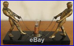 Vintage Art Deco Bronze Metal Male Figures Lighted Glass Ball Machine Age Lamp
