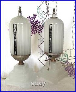 Vintage Art Deco Frosted Glass Torpedo Lamps-1930 Pair American Skyscraper-Houze