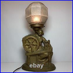 Vintage Art Deco Glass Dome & Metal, Woman at Spinning Wheel Table Lamp, WORKS