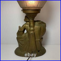 Vintage Art Deco Glass Dome & Metal, Woman at Spinning Wheel Table Lamp, WORKS