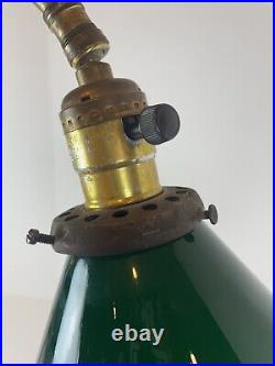Vintage Art Deco Green Glass Emeralite / Fairies Style Adjustable Brass Lamp