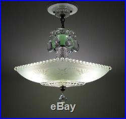 Vintage Art Deco Jadeite Green Glass Shade Ceiling Lamp Light Fixture Chandelier