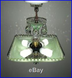 Vintage Art Deco Jadeite Green Glass Shade Ceiling Lamp Light Fixture Chandelier