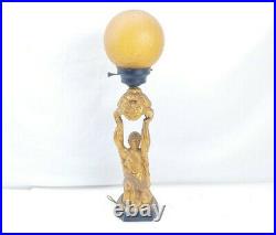 Vintage Art Deco Lamp Metal Woman Holding Gold Glass Globe