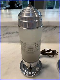 Vintage Art Deco MCM Frosted Glass Bullet Torpedo Skyscraper Boudoir Lamps