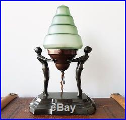 Vintage Art Deco NUDE FIGURAL TABLE LAMP with GLASS SHADE Bronze Spelter 1930s