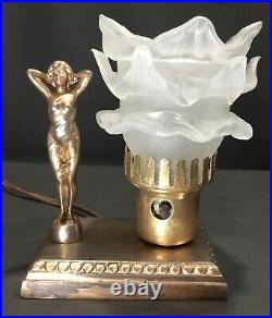 Vintage Art Deco Nouveau Metal Lamp Nude Lady Figural Lamp Glass Shade 6 tall