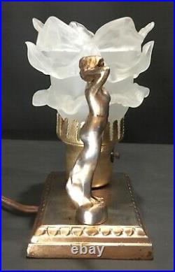 Vintage Art Deco Nouveau Metal Lamp Nude Lady Figural Lamp Glass Shade 6 tall