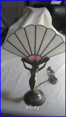 Vintage Art Deco, Nouveau Nude Woman Dancer with Wings, Stained Glass Fan Shade