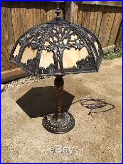 Vintage Art Deco Nouveau Slag Glass Bronze Finish Filigree Tree Design Lamp