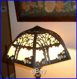 Vintage Art Deco Nouveau Slag Glass Bronze Fnsh Filigree Tree Design Lamp Shade
