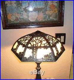 Vintage Art Deco Nouveau Slag Glass Bronze Fnsh Filigree Tree Design Lamp Shade