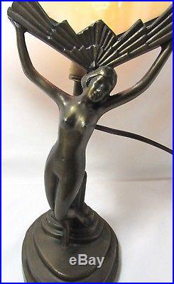 Vintage Art Deco Nymph Nude Lady Cast Bronze Lamp Stain Glass Fan Chandler II